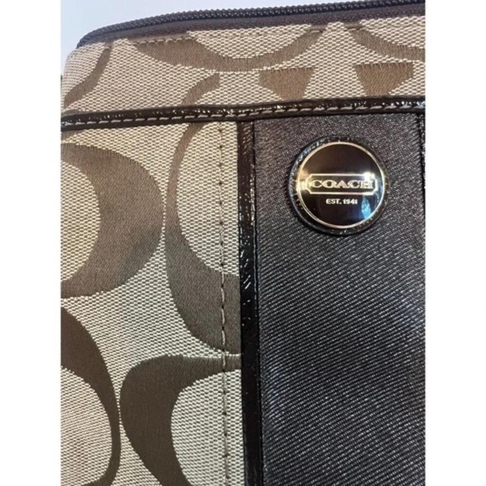 Coach Signature Jacquard‎ Crossbody Bag  Brown Tan Zip Leather Trim Ext Pockets